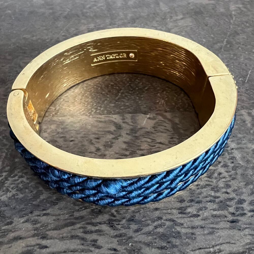 Ann Taylor Loft Blue Rope Rhinestone Studded Chunky Hinged Cuff Bangle Bracelet - Picture 3 of 7